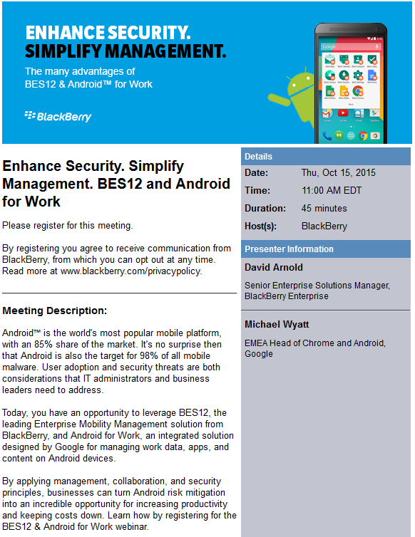 BlackBerry and Google team up to hold a webinar - BFFs Google and BlackBerry to host webinar for BES12 and Android for Work