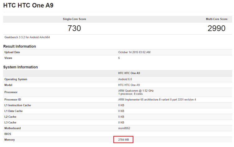 Geekbench test shows HTC One A9 with 3GB of RAM - HTC One A9 listed online, priced at $690 USD; two sources confirm Android 6.0 is pre-installed (UPDATE)