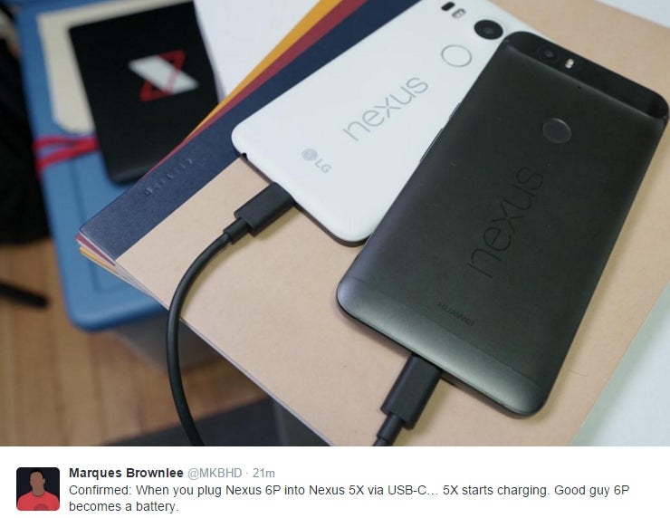 The Nexus 6P can charge the Nexus 5X via USB Type-C