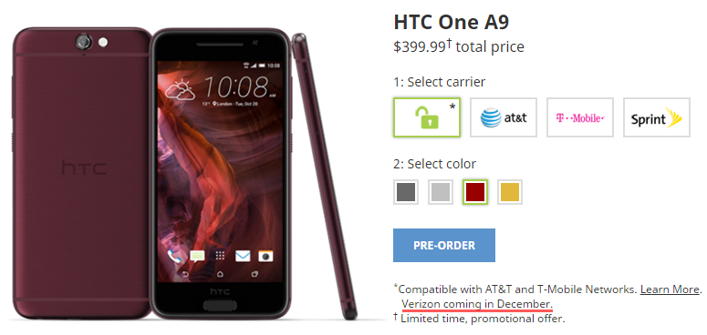 HTC One A9 will be available on Verizon in December