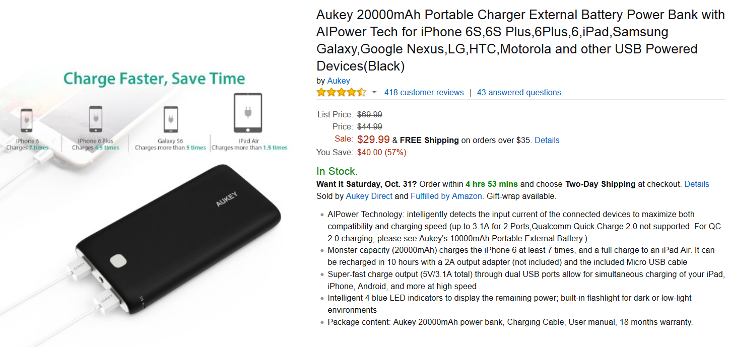 Aukey's 22,000mAh power bank is only $21.99 from Amazon with a coupon code - Aukey's 20,000mAh power bank is just $21.99 from Amazon with this coupon code