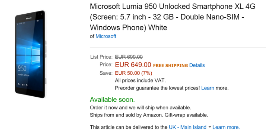 Amazon France cuts the price of the Lumia 950 and Lumia 950 XL - Amazon France cuts the price of the Microsoft Lumia 950 and Microsoft Lumia 950 XL