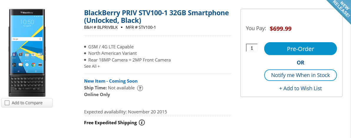 Pre-order the BlackBerry Priv from B&amp;amp;H Photo in New York City - You can now reserve your BlackBerry Priv from New York&#039;s B&amp;H Photo