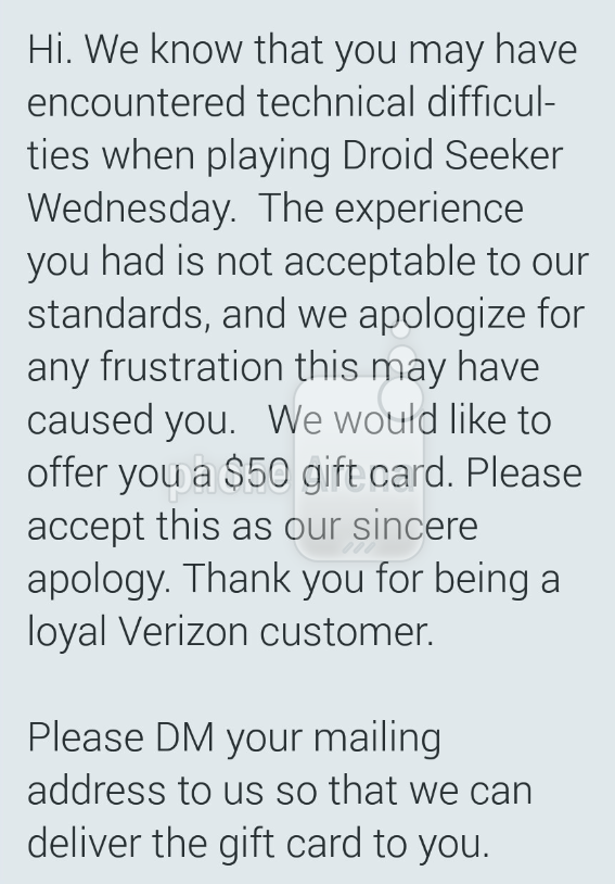Verizon offers $50 gift card to those who had problems playing DROID Seeker - Verizon gives $50 gift cards to those who had network problems trying to win DROID Seeker
