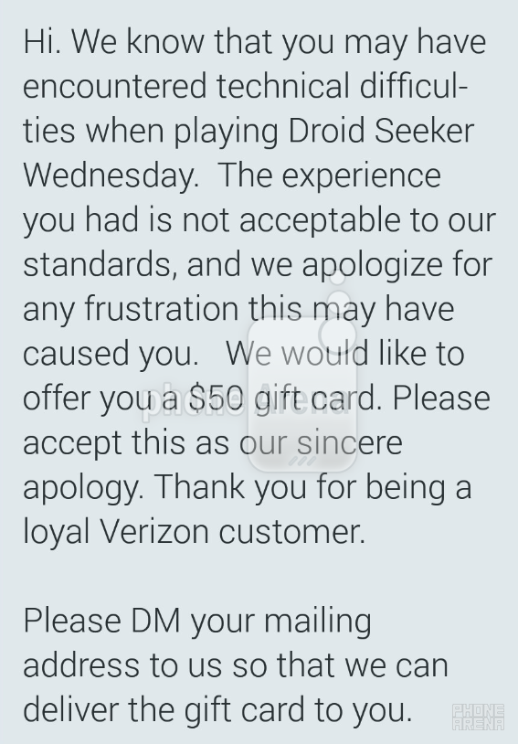 Verizon offers $50 gift card to those who had problems playing DROID Seeker - Verizon gives $50 gift cards to those who had network problems trying to win DROID Seeker