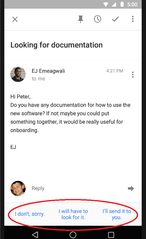 Smart Reply options are found on the bottom of an incoming email on Inbox - Google introduces "Smart Reply" for Inbox; send quick email responses without typing one letter