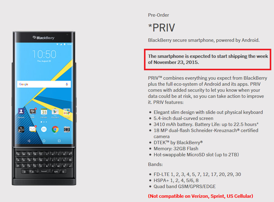New orders for the BlackBerry Priv won't ship until the week of November 23rd - Demand heavy for unlocked BlackBerry Priv; new orders ship the week of November 23rd