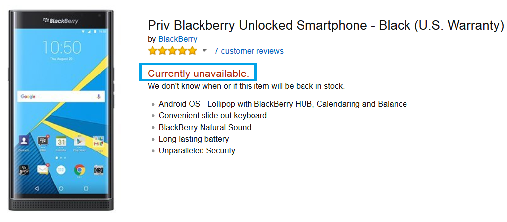 BlackBerry Priv sells out on Amazon U.S. in hours - BlackBerry Priv sells out on Amazon U.S. in just hours