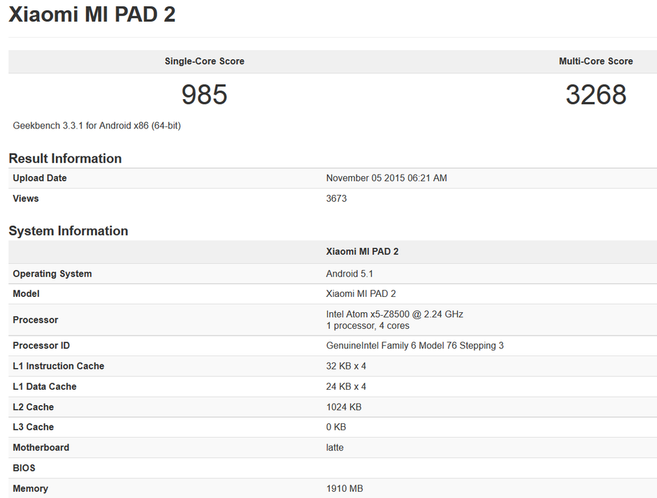 Xiaomi Mi Pad 2 will have Intel inside according to a Geekbench test - Xiaomi Mi Pad 2 gets benchmarked, reveals it has Intel Inside