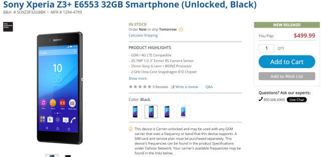 Sony Xperia Z3+ officially launches in the US priced at $499.99