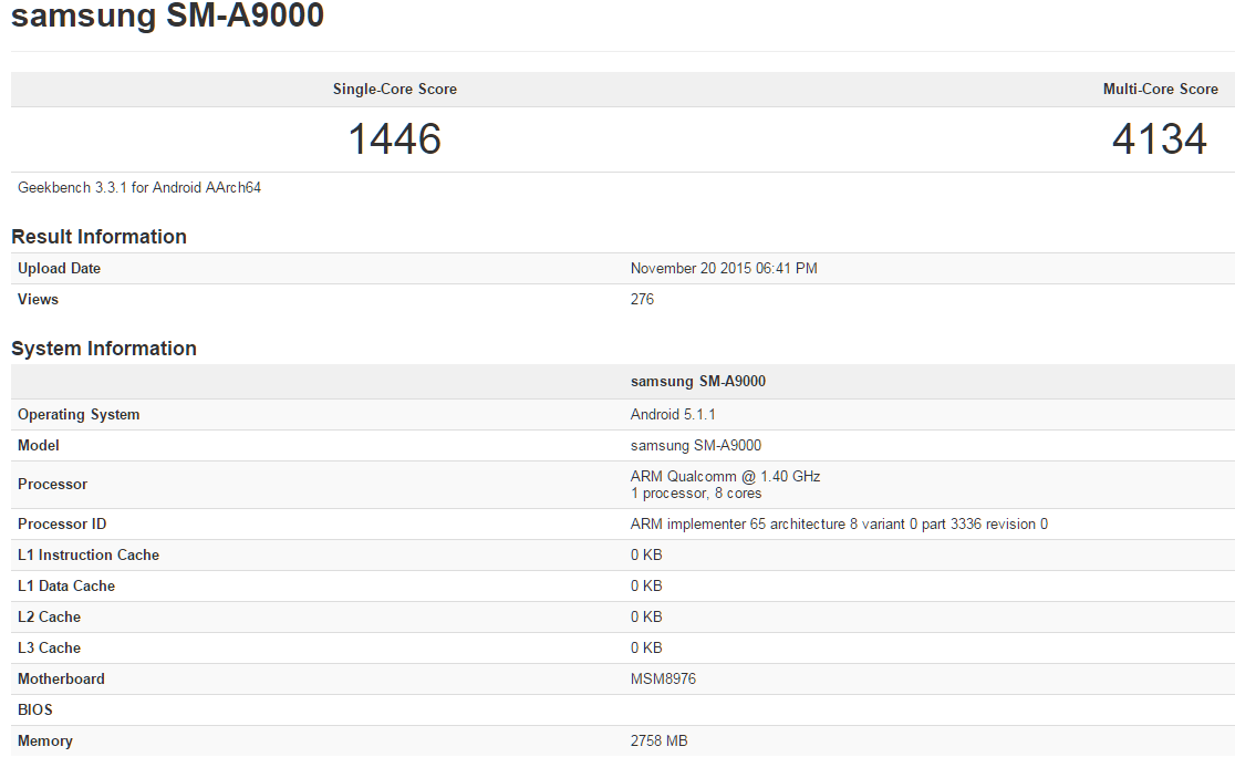 Galaxy A9 benchmark leaks, confirms Snapdragon 620 with 4K video recording support