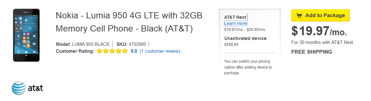 The AT&amp;amp;T Microsoft Lumia 950 in black is available from Best Buy - You can now pick up the AT&amp;T branded Microsoft Lumia 950 in black from Best Buy