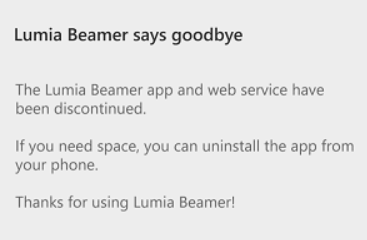 Last update to Lumia Beamer shuts the app - Lumia Beamer&#039;s final update closes down the app