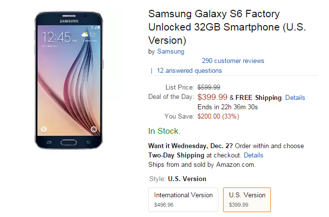 Amazon&#039;s deal of the day allows you to snatch an unlocked Samsung Galaxy S6 for $399.99