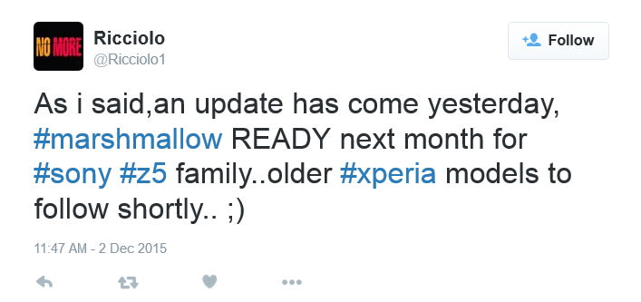 Tweet from tech journalist Ricciolo says that the Sony Xperia Z5 line will be updated to Android 6.0 next month - Sony Xperia Z5 to receive Android 6.0 update next month?