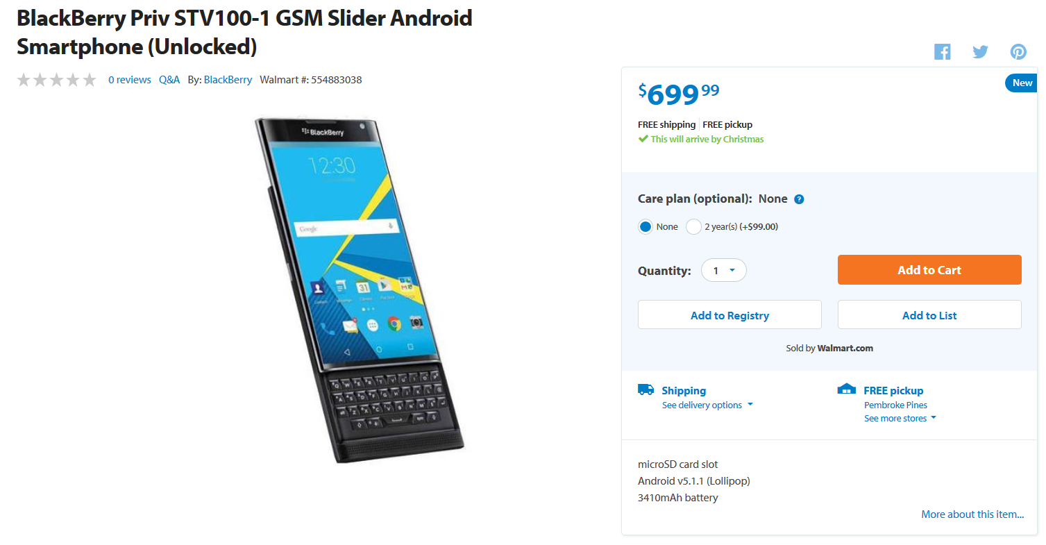 The BlackBerry Priv is now available from Walmart&#039;s online store - BlackBerry Priv is now available from Walmart