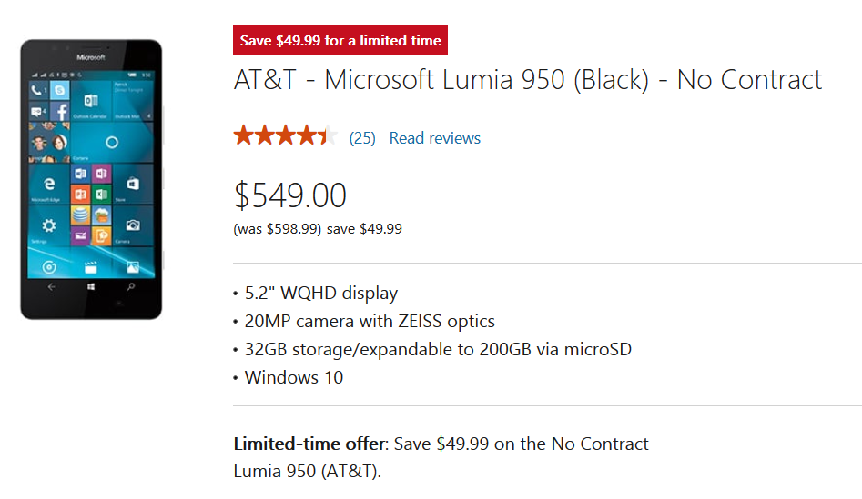 The AT&amp;T Microsoft Lumia 950 is on sale at the Microsoft Store - Microsoft Store cuts the price of the AT&T branded Lumia 950 for a limited time