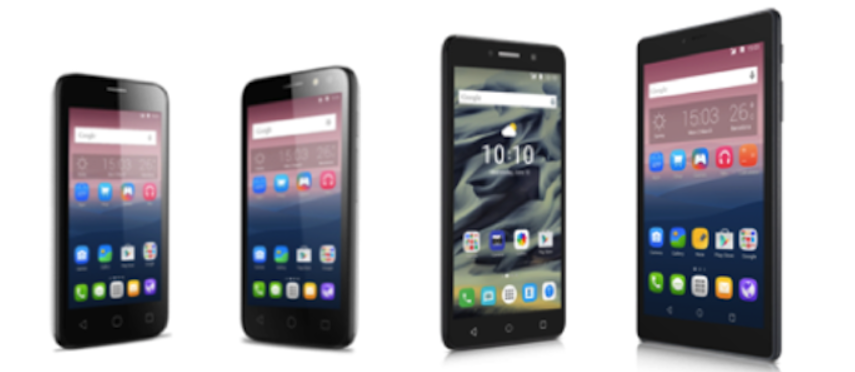 From left to right, the Alcatel OneTouch Pixi 4 line includes 3.5-inch and 4-inch smartphones, a 6-inch phablet and the 7-inch tablet - Alcatel OneTouch Pixi 4 line is unveiled; further details to be revealed this week at CES