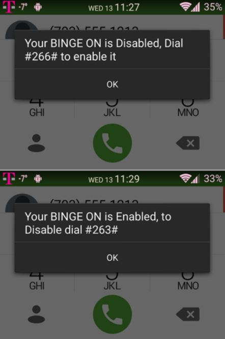 T-Mobile subscribers can use self-service codes to enable or disable Binge On - T-Mobile&#039;s Binge On can be enabled or disabled using your phone&#039;s dialer