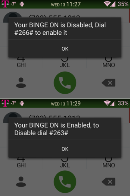 T-Mobile subscribers can use self-service codes to enable or disable Binge On - T-Mobile's Binge On can be enabled or disabled using your phone's dialer