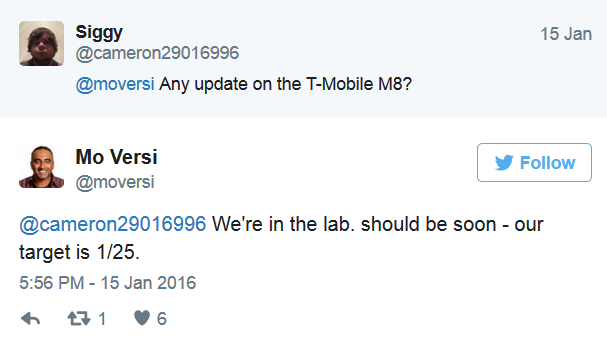 The T-Mobile branded HTC One (M8) could be updated to Android 6.0 starting on January 25th - HTC targets January 25th to start sending out Android 6.0 to the T-Mobile HTC One (M8)