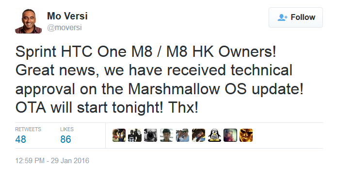 HTC&#039;s Mo Versi says HTC has received technical approval to send out Android 6.0 to Sprint&#039;s HTC One (M8) - Sprint&#039;s HTC One (M8) to receive Android 6.0 update starting tonight