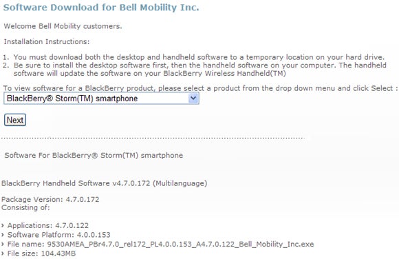 Bell offers OS 4.7.0.122 for the BlackBerry Storm 9530