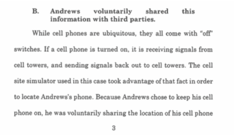 This argument made by the prosecution says that you are consenting to be tracked whenever you turn on your handset - Prosecution argues that turning on your phone means you consent to being tracked