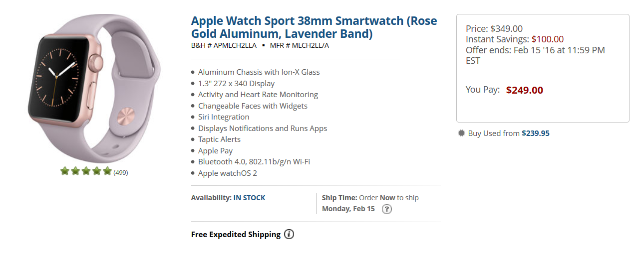 Save as much as 29% on the purchase of an Apple Watch from B&amp;amp;H Photo - Looking for a Valentine's Day gift? Save $100 on 20 Apple Watch models at B&amp;H Photo
