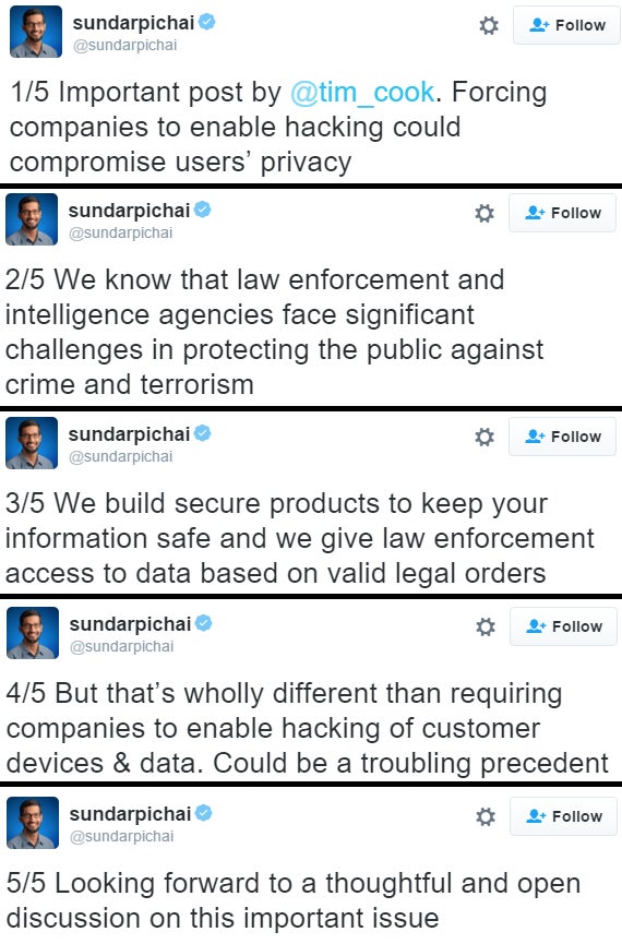 Google CEO Sundar Pichai tweets in support of Apple’s decision to not unlock terrorist's iPhone 5c