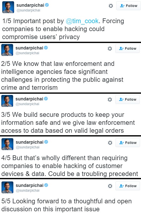 Google CEO Sundar Pichai tweets in support of Apple’s decision to not unlock terrorist&#039;s iPhone 5c