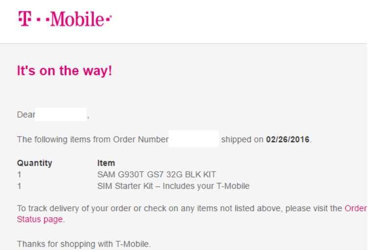 Some T-Mobile customers are learning that their new Samsung Galaxy S7 is in transit - T-Mobile starts shipping pre-orders for the Samsung Galaxy S7 and S7 edge