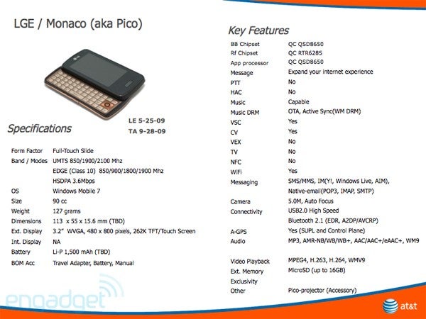 The LG Monaco can be used with a Pico-projector - LG Monaco to be a Windows Mobile projector-enabled side-slider