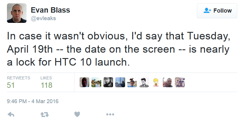 HTC 10 launch date of April 19th is a lock according to tipster Evan Blass - HTC 10 to launch on April 19th?