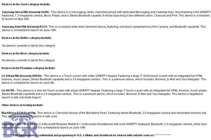 A leaked document revealing upcoming U.S. Cellular phones - Five handsets for U.S. Cellular this summer