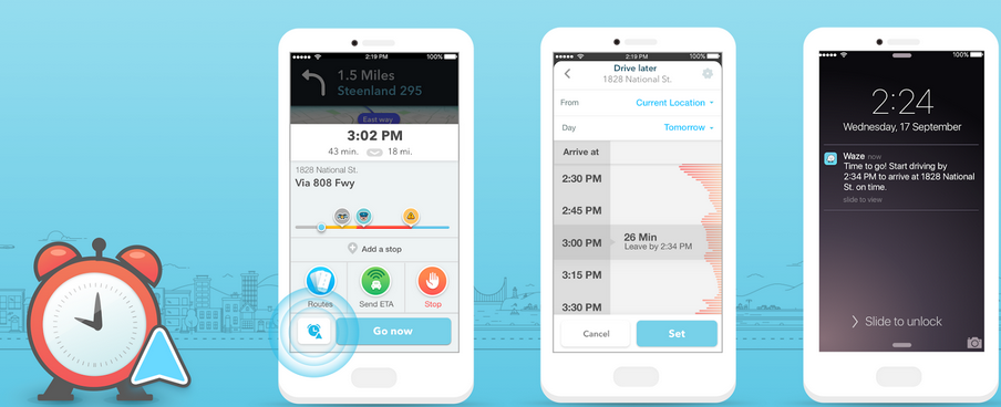 From left to right, Waze ETA screen, Planned Drives screen and Planned Drives alert - Waze &quot;Planned Drives&quot; tells you the perfect time to leave so that you can arrive on time