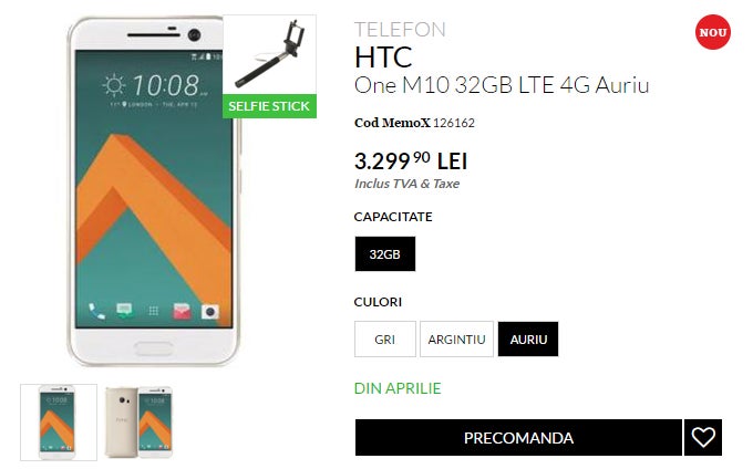 HTC 10 up for pre-order already; priced at $830 with a free selfie stick