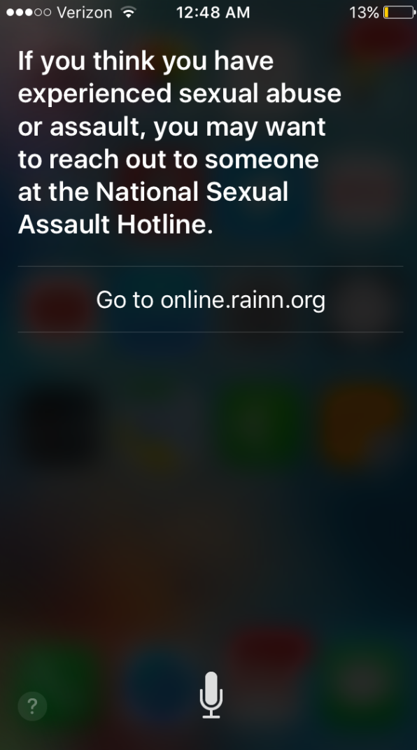 Siri will now give a rape victim information on where to get help - Siri&#039;s response to &quot;I was raped&quot; has been changed to a more helpful response