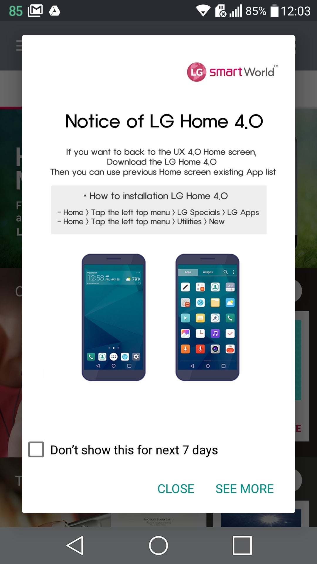 We opened SmartWorld and got this. - LG is bringing the app drawer back to the LG G5, Stylus 2, and K8 – here&#039;s how to get it