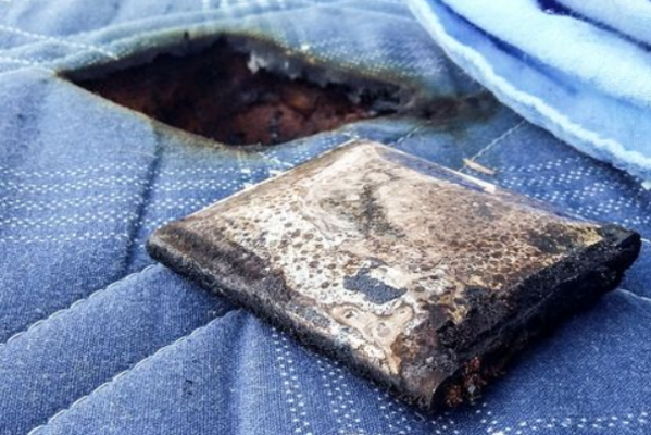 This is what the Samsung Galaxy S III battery looked like after exploding and creating a hole in this bed - Samsung Galaxy S III explodes in a boy's bed