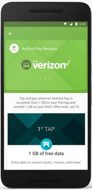 Use Android Pay three times and earn 2GB of free data from Verizon - Verizon customers who use Android Pay three times will get 2GB of data for free