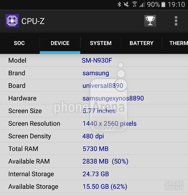 Screenshot of CPU-Z running on Samsung Galaxy Note 6 reveals some of the phablet&#039;s specs - CPU-Z screenshot reveals 5.8-inch screen, IP68 certification and 6GB RAM for Samsung Galaxy Note 6 (Updated)