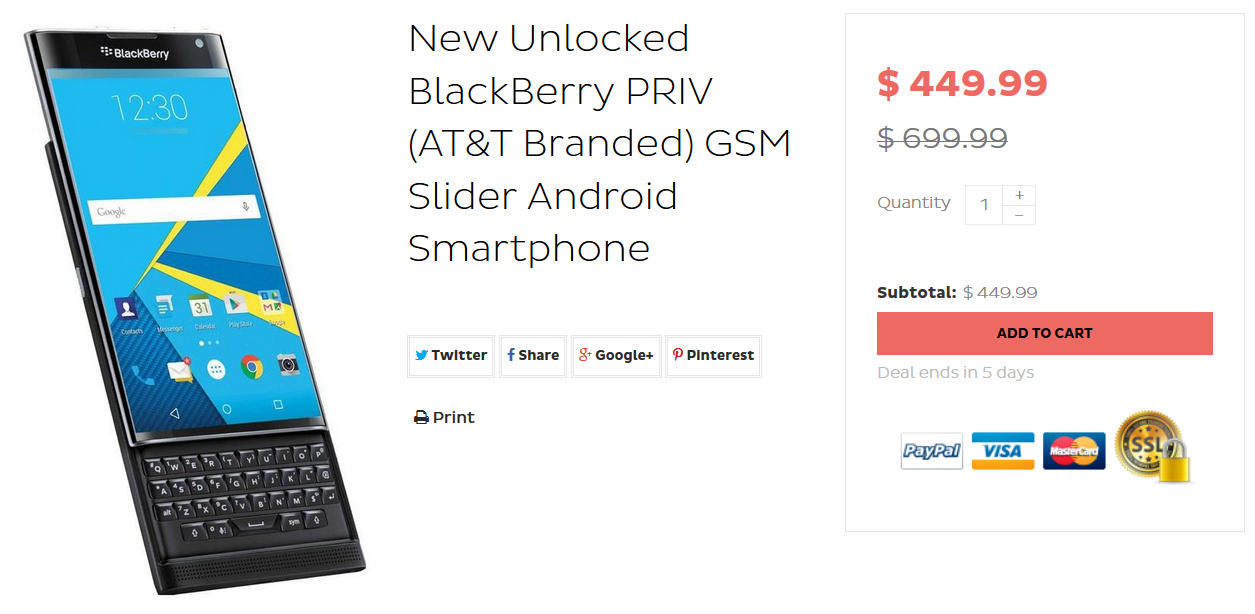An unlocked AT&amp;T branded BlackBerry Priv can be purchased for $450 - Unlocked BlackBerry Priv with AT&T branding is priced at $450 for a $200 price cut