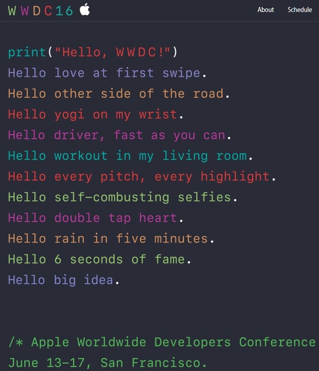 Apple announces WWDC 2016 for June 13-17 with colorful lines of cryptic code