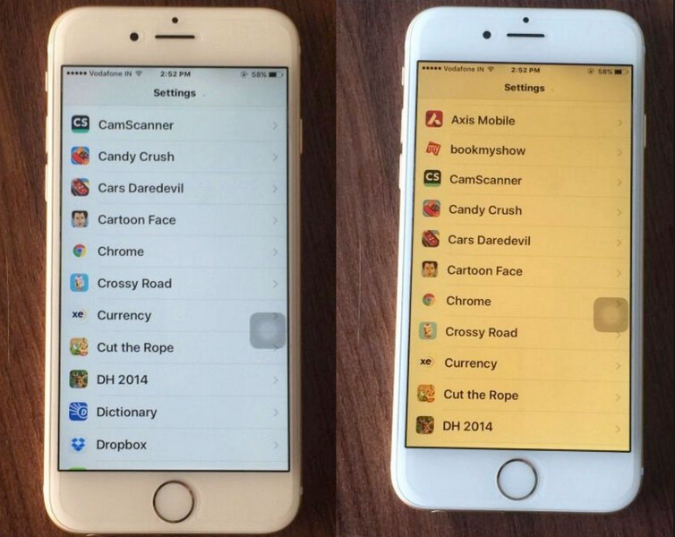 Regular screen on left, Night Shift on right - Night Shift works with Low Power Mode turned on in iOS 9.3.2 beta 2 - Night Shift and Low Power Mode work together on iOS 9.3.2 beta 2