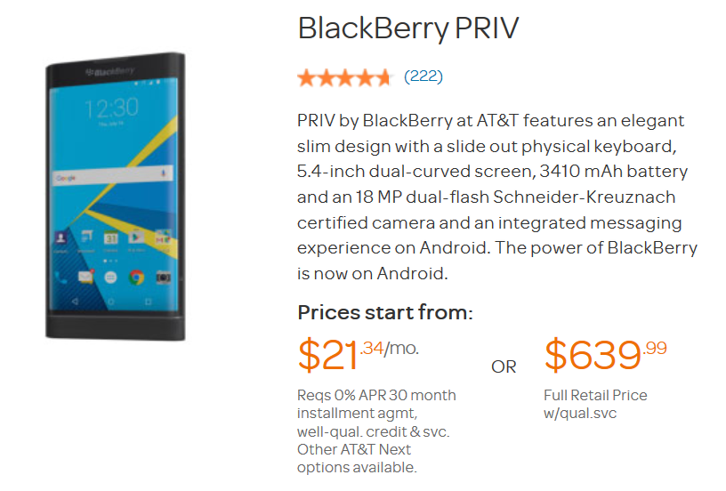 The AT&amp;T branded BlackBerry Priv is on sale at AT&amp;T - Carrier-locked BlackBerry Priv gets price cut at AT&T