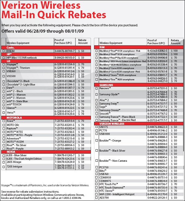 A Verizon rebate sheet listing the BlackBerry Tour - BlackBerry Tour appears in a Verizon rebate sheet