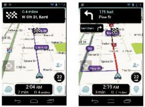 At left, before the phony traffic jam; at right a 15 minute longer route is posted after the fake traffic jam is reported - Waze closes exploit that allowed "ghost drivers" to track users and create fake traffic jams