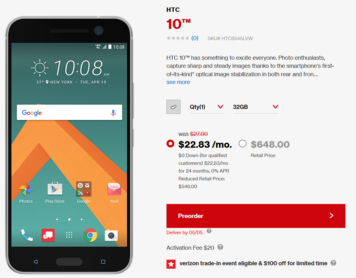 Save $100 when you pre-order the HTC 10 from Verizon - Pre-order the HTC 10 from Verizon and take $100 off the price of the phone (UPDATE)