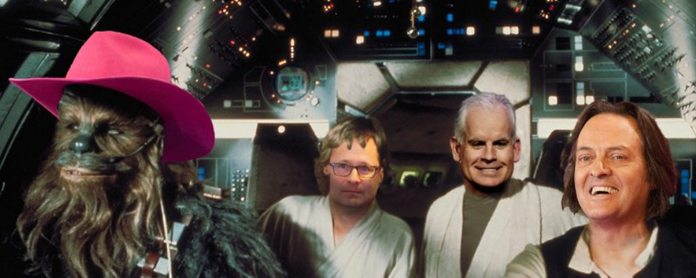 From left to right, CFO Braxton Carter's hat, COO Mike Sievert, CTO Neville Ray and CEO John Legere - T-Mobile celebrates May the Fourth with AT&T Death Star Chrome extension
